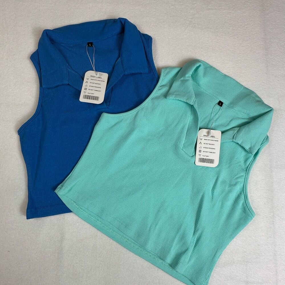 Women 2 Pack Workout Crop Tops Collared Blue and Green. Size L/Large, NWT.